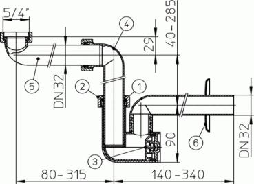 Raumspar-Waschtisch-Möbelsiphon DN32x5/4" HL137/30